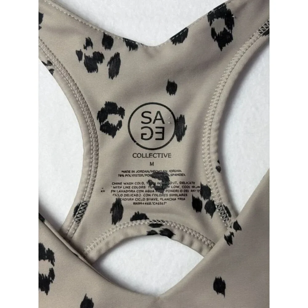 SAGE Collective Leopard Print Longline Sports Bra Taupe Beige Black Women M